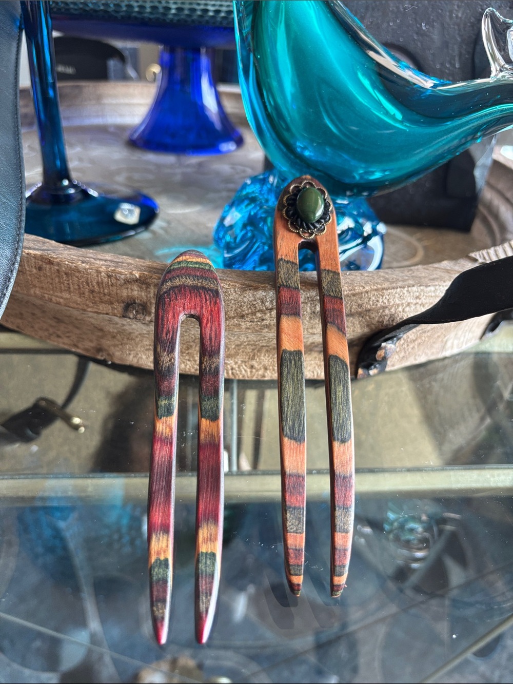 Wooden Hair Fork Set in Multicolor Stripe - Picture 1 of 1